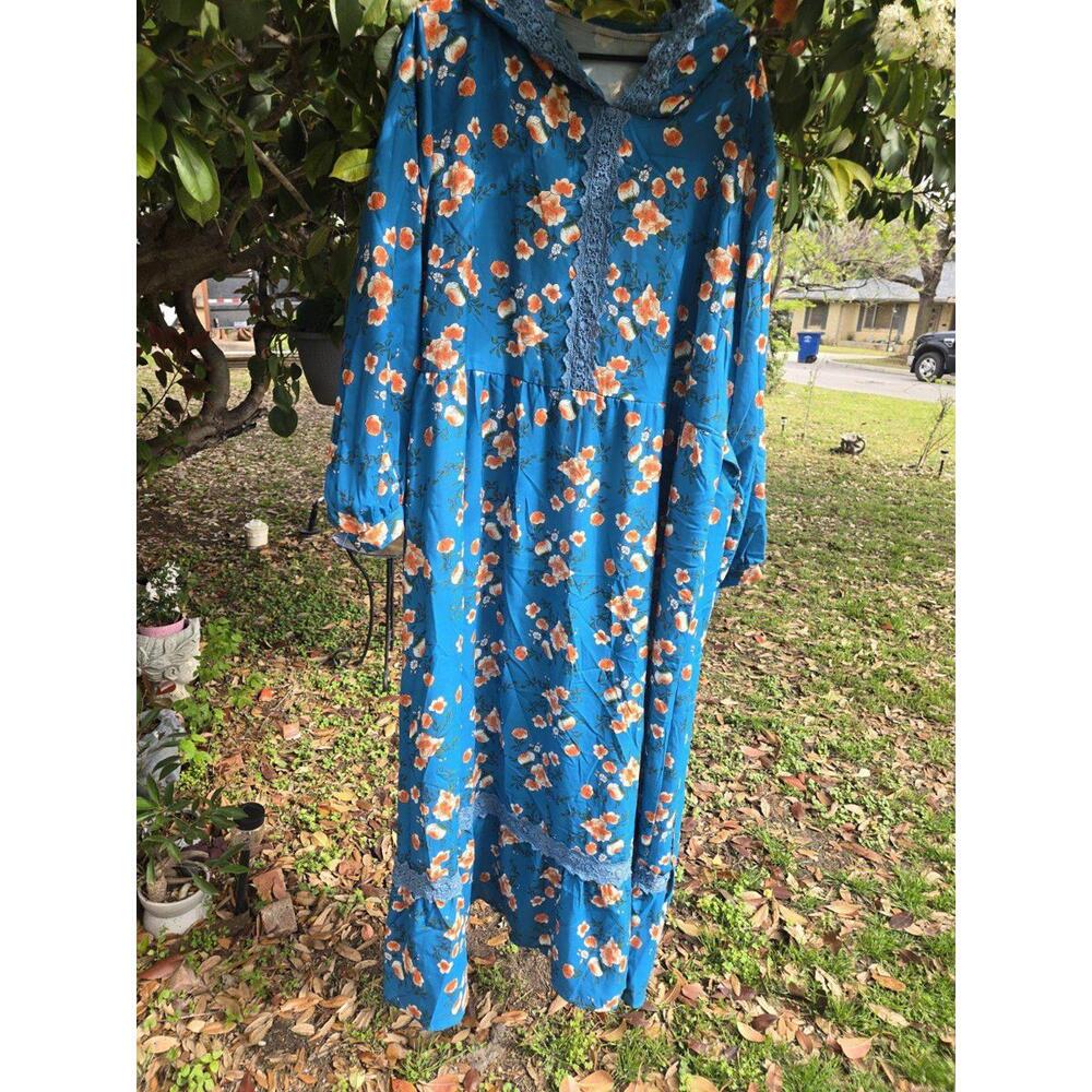 Blue Floral Hooded Dress Lace Teal Long Fairy Cosplay Soft With Ties 2XL Whimsy